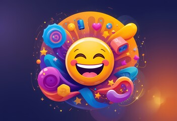 Joyful Emoji Illustration, Happy emoticon surrounded by colorful shapes and stars.