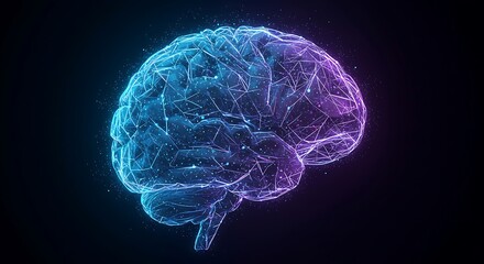 Glowing digital wireframe of a human brain against a dark background. Represents artificial intelligence, neuroscience, and cognitive function.
