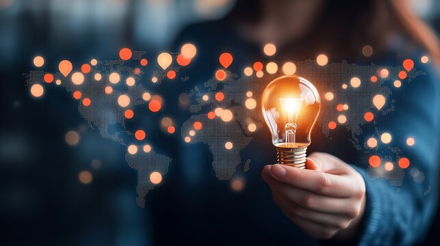 Woman holding illuminated lightbulb over world map, symbolizing global idea