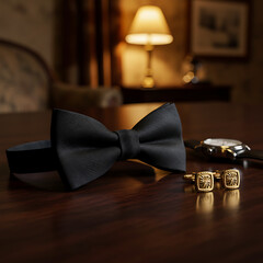 Elegant black bow tie and accessories on a wooden table  