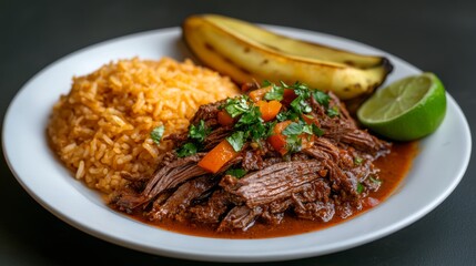 Fototapeta premium Cuban ropa vieja served with rice and fried plantains for a flavorful and comforting meal experience