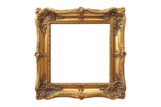 Antique gold square picture frame Isolated on White and Transparent Background PNG Image.