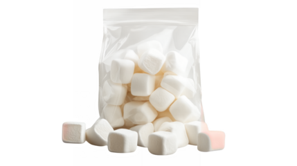 Clear bag of marshmallows with soft, fluffy white texture isolated on a transparent background