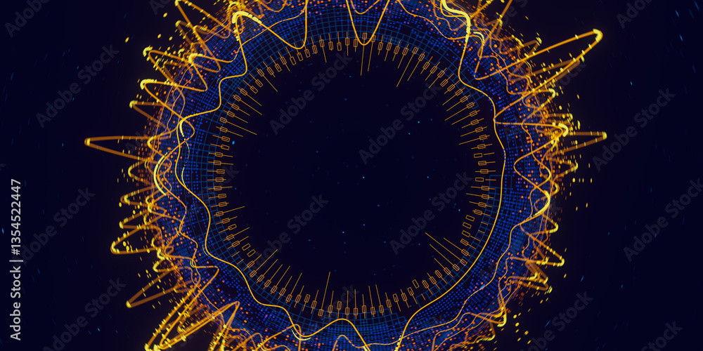 Poster big data complex round graph. quantum computing universe. cyber space of ai technology. futuristic g