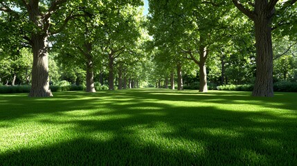 Obraz premium Lush Green Lawn with Tall Trees Creates a Shady Park Scene on a Sunny Day
