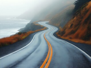 Winding Coastal Road Through Foggy Landscape Along the Ocean