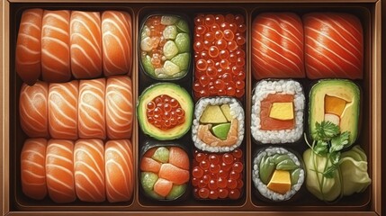 An assortment of sushi and rolls displayed in wooden box