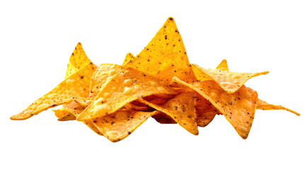 Naklejka premium Golden Crisps: A tantalizing pile of golden-hued tortilla chips, photographed from a slightly elevated angle. The close-up shot highlights the texture of each chip.
