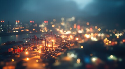 Obraz premium Blurred aerial view of a busy port at night with container ships and cranes.