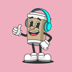Coffee Cup Mascot with Headphones: This joyful cartoon coffee cup mascot, adorned with headphones, embodies the spirit of relaxation and enjoyment