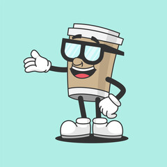 Coffee Mascot: A cartoon coffee cup character sporting sunglasses, ready to serve a fresh brew with a dash of fun and style. 