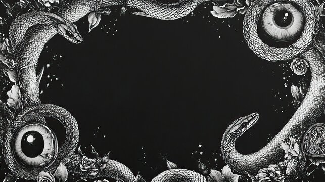 Intricate whimsigothic border with snakes and eyes amidst roses on black background, enchanting gothic aesthetic.