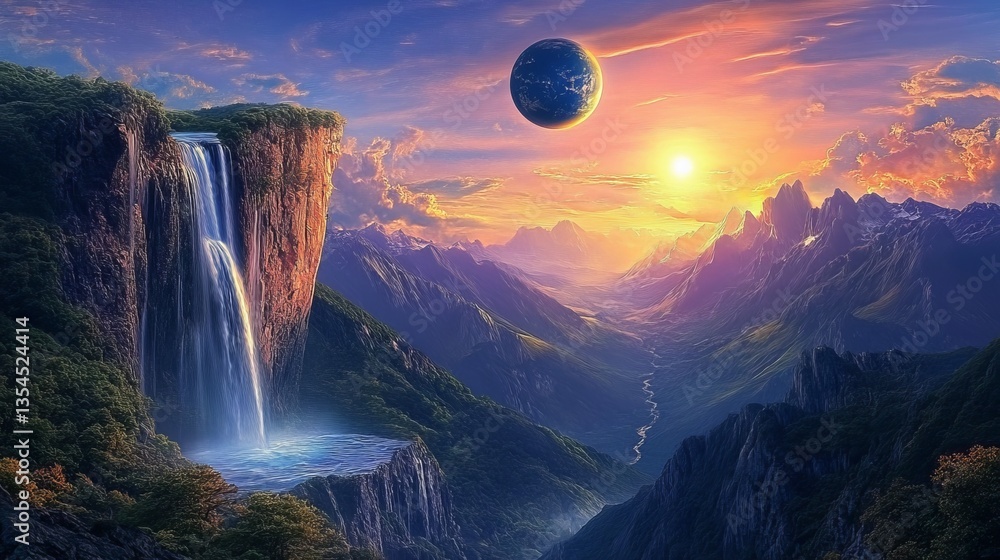 Poster a fantastical view of a tranquil alien world featuring a towering waterfall flowing into a reflectiv