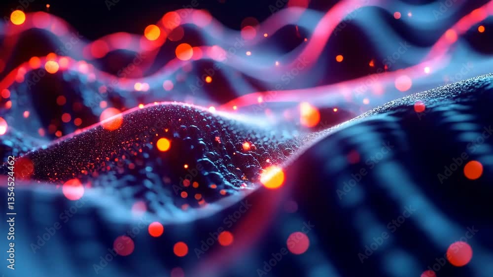 Poster mesmerizing flow of vibrant particles dancing across a dynamic, abstract landscape