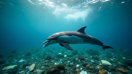Obraz premium A heartbreaking underwater image of a dolphin swimming through polluted waters