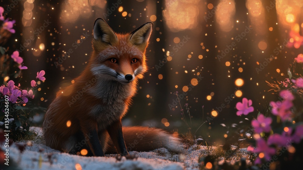 Poster a striking fox sits gracefully in a magical woodland with glowing bokeh lights and vibrant flowers, 