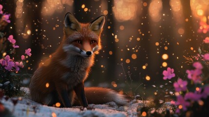 A striking fox sits gracefully in a magical woodland with glowing bokeh lights and vibrant flowers, creating a mesmerizing and artistic composition.. AI Generation