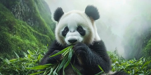 Fototapeta premium A cute panda munches on bamboo in a lush, misty environment, showcasing its playful nature and natural habitat.