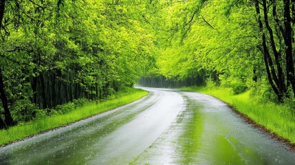 A quiet forest road with light rain falling over fresh green leaves