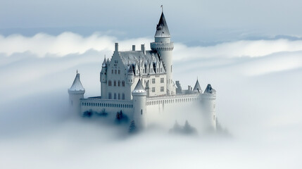 Obraz premium A majestic, snow dusted castle floats above a dense sea of clouds in a dreamy, ethereal landscape, evoking fantasy, mystery, and timeless elegance.