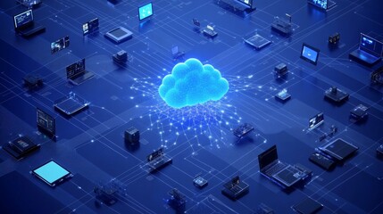 Futuristic digital illustration of cloud computing surrounded by various connected devices, showcasing data exchange and networking on a dark blue background.. AI Generation