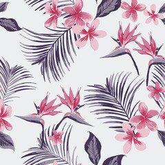 Tropical hibiscus flowers pattern with exotic palm. Elegant background with exotic flowers, leaves, jungle plants, hand drawn elements. Abstract botanical ornament in bright colors. © Glouna
