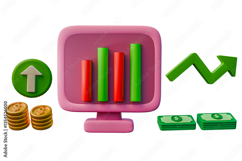 Aufkleber 3d rendering, realistic 3d, 3d render, 3d icon dollar trading analysis using monitor with rising ana