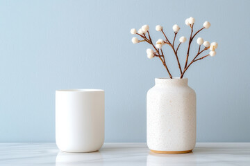 Minimalist ceramic vases with cotton stems on marble surface