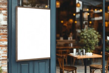 White paper poster mockup displayed outside the building restaurant. Marketing and business concept.