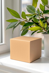 Minimalist beige box on windowsill with vibrant green plant in daylight