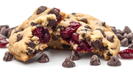 A cookie with a bite taken out of it and chocolate chips on the ground