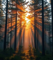 Golden light streams through ancient pines, illuminating a misty forest floor at dawn, rays, nature, ambiance