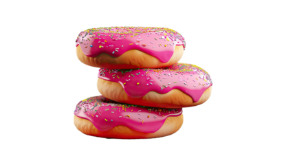 Sweet Stacks: A delectable tower of three frosted donuts with vibrant pink icing, adorned with sprinkles. A photorealistic display of dessert and confectionary delights.