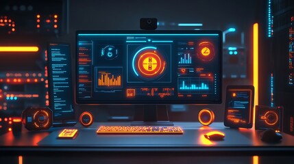 Abstract workstation glowing productivity metrics and time management symbols digital nomad gear flat vector design