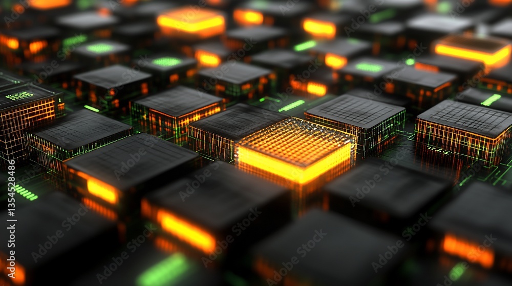 Aufkleber abstract digital circuitry: glowing cubes and interconnected nodes