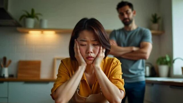 portrait of stressed woman and her husband on background, argument, dysfunctional relationships
