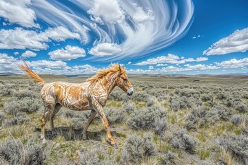 Fototapeta premium Foal running in a grassy field with an amazing sky