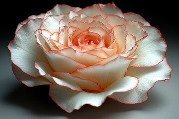 Close-up of a creamy white rose with coral-pink edges, dramatically lit against a dark background.
