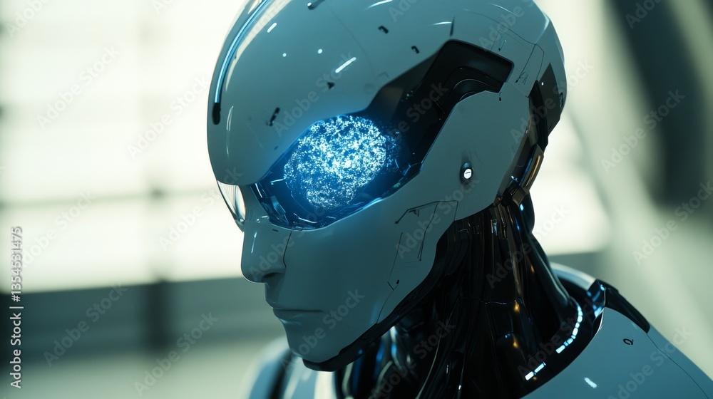 Poster a sleek, futuristic humanoid robot featuring a glowing neural core, symbolizing cutting-edge robotic