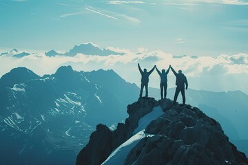 High Detail Picture of Three People Celebrating Success on Mountain Peak with Raised Hands