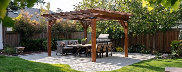 Beautiful backyard with wooden pergola