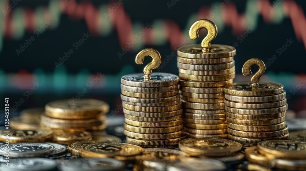 Poster golden coin towers with question mark symbols, placed on a reflective surface with financial graphs 