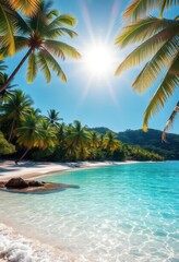 Sun-drenched beach, turquoise water, lush palms, turquoise water, paradise, summer
