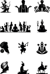 Indian Spiritual Silhouette Set Hindu Mythology Meditation Culture