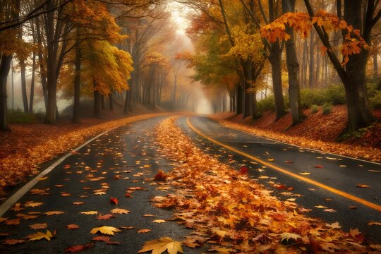A magical autumn road winding through a misty forest, carpeted with fallen leaves in warm, golden light.