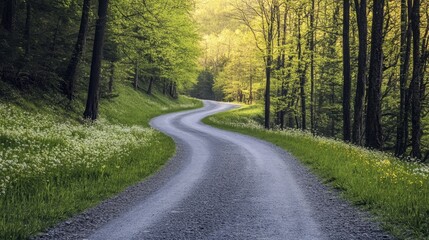 Fototapeta premium A vibrant green spring mountain road lined with blooming wildflowers