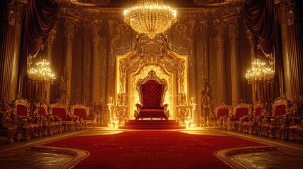 A lavishly decorated grand interior featuring ornate chandeliers and rich, red drapery.