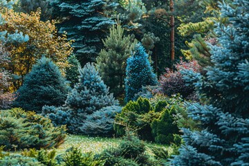 Beautiful Coniferous Garden with Blue Spruces, Fir Trees, Thujas and Junipers Colourful Background