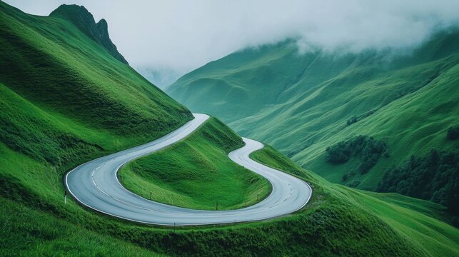 A winding mountain road surrounded by lush green hills and misty peaks - Powered by Adobe