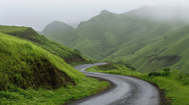 A winding mountain road surrounded by lush green hills and misty peaks